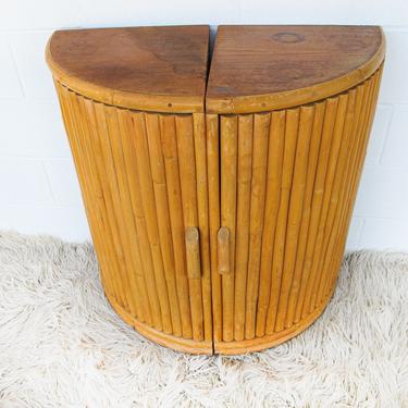 Solid Wood and Bamboo Mid-century Corner Bookshelves / Side Tables with Doors 