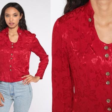 Red Leaf Shirt Embossed Button Up Blouse Patterned Shirt Button Down Shirt 90s Boho Vintage Long Sleeve 1990s Bohemian Retro Medium M 