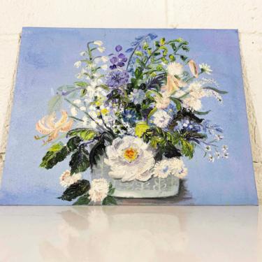 Vintage Amateur Floral Art 1960s 60s Painted Painting Artist Painter Original Bouquet Flowers Canvas Board Flower Still Life 