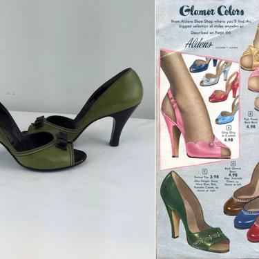 Pin Up Power - Vintage 1940s 1950s Juniper Green & Black Leather D'Orsay Open Toe Pumps Heels - 9 