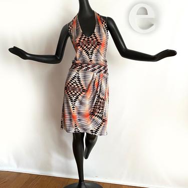 MOD Geometric Art Deco Aztec Op Art Print Halter Dress • Blouson Sarong Skirt • Vintage 90s Y2K • Orange Peach Black Gray • Slinky Stretch 