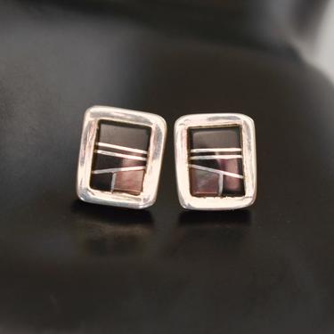 Vintage BG Mudd 925 silver onyx abalone Southwestern stud earrings, B Joe handcrafted sterling stone inlay rectangle posts 