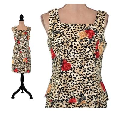 Cheetah and Roses Floral Animal Print Dress, 2 Piece Skirt and Top Set Women Medium, 1980s Clothes 80s Vintage Clothing, John Roberts Size 8 