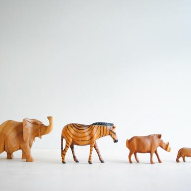 Vintage Hand Carved Wood Animal Figurines, Set of Four Wooden Animals from Africa, Elephant, Zebra, Hog, and Cheetah Figurines 