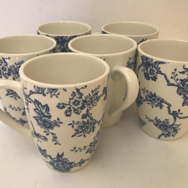 Vintage (6) Blue and White Floral  Coffee Tea Cup Churchill Butterfly Dragon Fly Bird - Great condition 