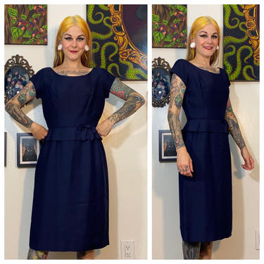 Vintage 1960’s Navy Blue Wiggle Dress with Bow 