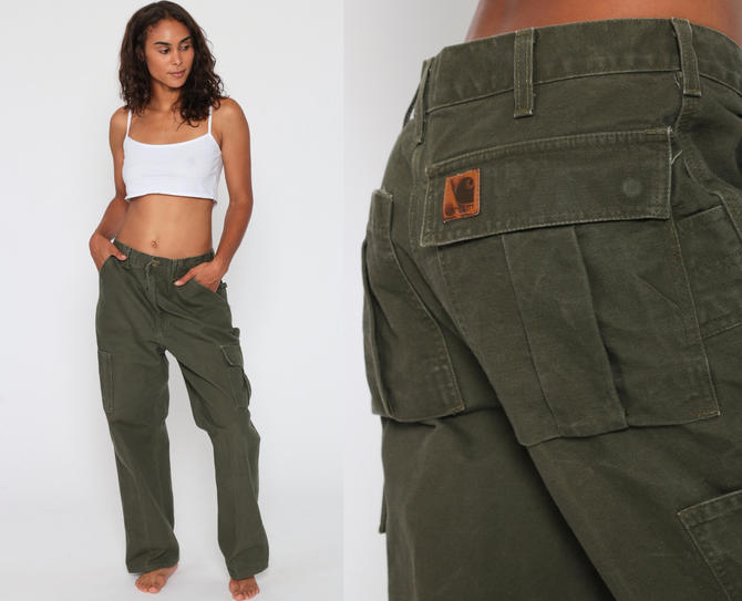 Carhartt Pants 34 -- Workwear Work Pants Army Jeans 90s Olive Green Baggy Cargo Work Pants Leg Denim Pants Vintage Large by Shop Exile of Los Angeles, CA | ATTIC