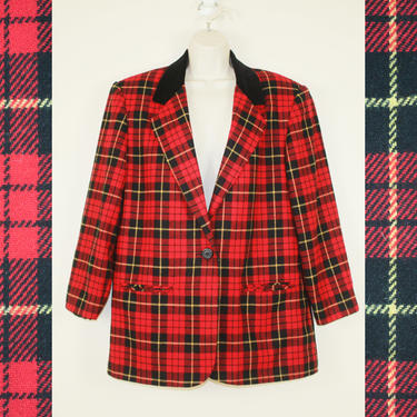 Vintage 80s / 90s Red Plaid Blazer Suit Jacket, Size Large / Extra Large / Plus Size 