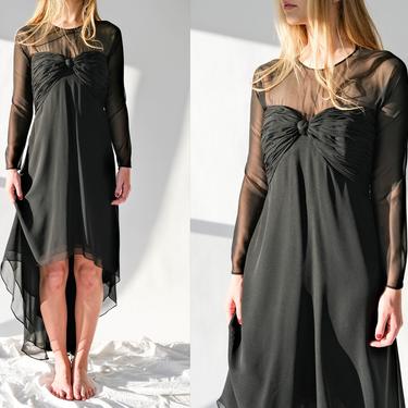 Vintage 90s Oscar De La Renta Black Silk Sweetheart High Low Evening Dress w/ Sheer Shoulders & Sleeves | 100% Silk | 1990s Designer Dress 
