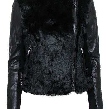 BCBG Max Azria - Black Leather &amp; Rabbit Fur Moto-Style Jacket Sz S