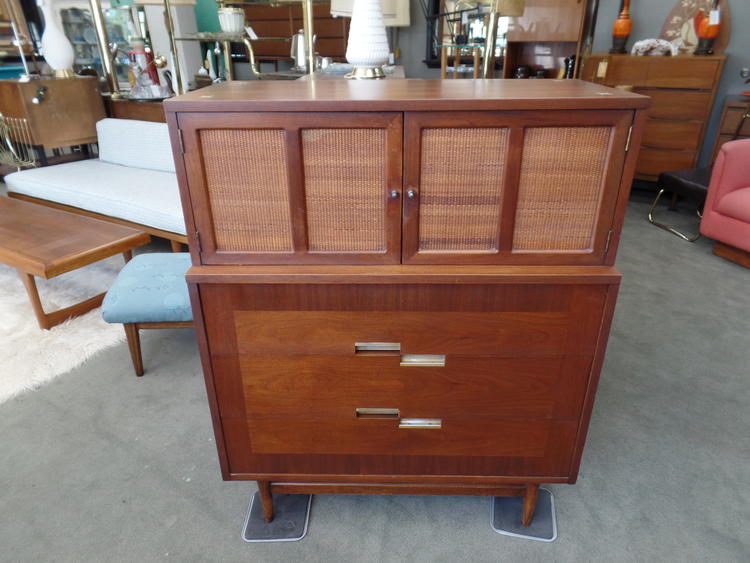 MidCentury Highboy Dresser with Aluminum Accents By American of