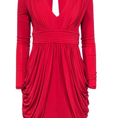 BCBG Max Azria - Red Plunge Draped &quot;Lark&quot; Cocktail Dress w/ Ruching Sz S