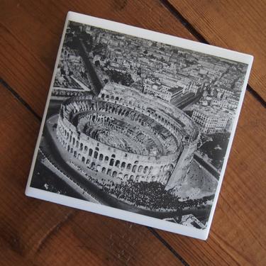 1971 Colosseum Vintage Aerial Photo Coaster - Ceramic Tile - Repurposed 1970s Geography Textbook - Handmade - Black & White - Rome Italy 