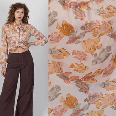 70s Fish Print Ascot Tie Blouse - Medium | Vintage Boho Button Up Long Sleeve Top 