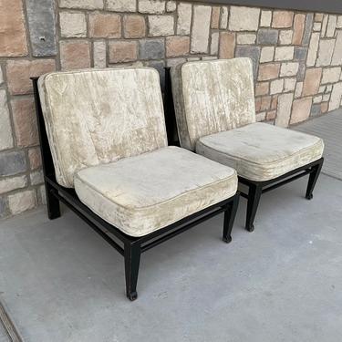 Pair of C. 1959, Mid Century Hollywood Regency, Edward Wormley Style, Slipper Loung Chairs, Black Framed and Cane Backed 