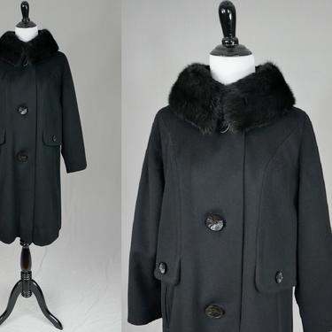 60s Kay McDowell Coat - Black Wool w/ Fur Collar - Big Buttons - Vintage 1960s - Size S M 