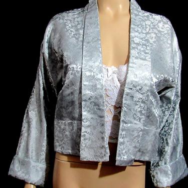 Vintage 50s Asian Bed Coat or Short Kimono Large Silver Dragons As Is Wounded Bird 