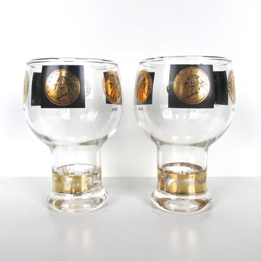 Set of 2 Cera Gold Coin Hollywood Regency Beer Glasses, Black and Gold Vintage Coin Goblets 