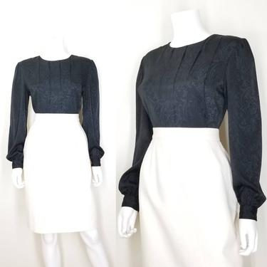 Vintage Pleated Blouse, Medium / Back Button Blouse / Silky Jacquard Office Blouse / Black Cocktail Blouse / 80s Art Deco Style Dress Blouse 