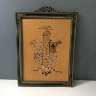 Byrd family crest in art deco frame - vintage pen and ink drawing 