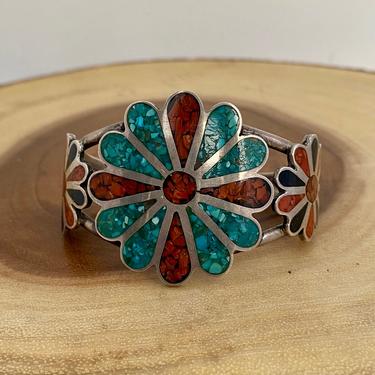 FLORAL FUN Vintage Sterling Silver Cuff with Turquoise, Coral, and Jet Inlay | Floral Design by JM | Native American Style, Boho 