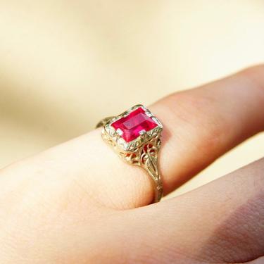 Vintage Art Deco 14K White Gold Filigree Ruby Ring, Pink Ruby, Emerald Cut Gemstone, Ornate Gold Ring, Ruby Engagement Ring, Size 7 US 