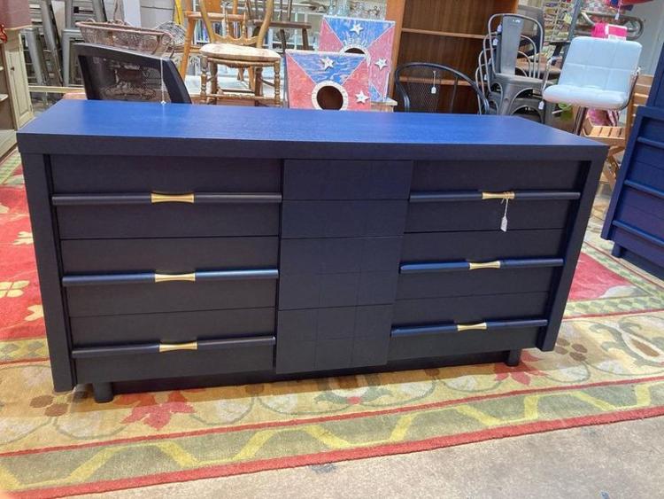 Stunning mid century dresser in navy blue. 60” x 20” x 31.5” 