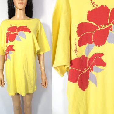 Vintage 70s/80s Made In Hawaii Hibiscus Print Tshirt Dress Beach Coverup Size S 