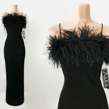 VINTAGE 90s Dramatic Ostrich Feather Trim Cocktail Dress | 1990s Black and Silver Lurex Sparkle Slinky Formal Gown | Alex Evenings NWT 4 