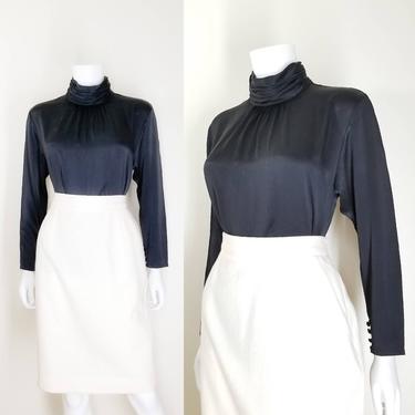 Vintage High Neck Blouse, Medium / Back Button Blouse / Silk Office Blouse / Black Cocktail Blouse / 80s Victorian Style Black Dress Blouse 