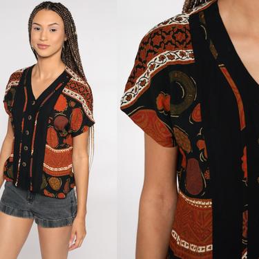 GEOMETRIC Shirt Button Up Top 90s Grunge Print Blouse Vintage Down Short Sleeve Black Rust Orange 1990s Hipster Small 