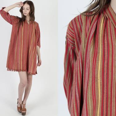 Traditional Guatemalan Caftan Dress / Vintage Mexican Woven Kaftan Dress / Striped Huipil Half Sleeve Rainbow Fringe Dress 