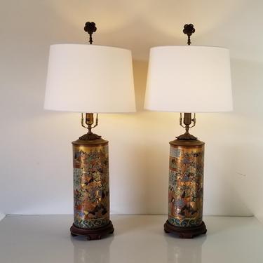 19th Century Japanese Kutani 100 Poems Porcelain Table Lamps - a Pair 