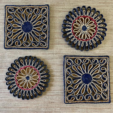 Vintage Trivets - Woven Trivets - Woven Wall Decor - Set of Four - Square Round - Navy Blue and Tan 