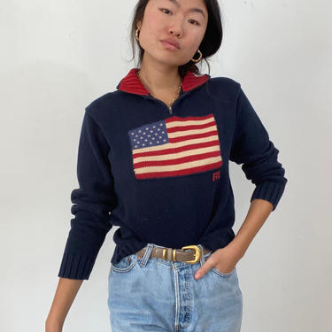 80s Ralph Lauren flag henley sweater / vintage navy blue cotton Polo Ralph Lauren 1/4 zip henley mockneck American flag sweater | M 