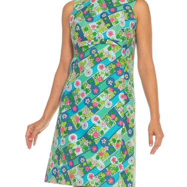 1960S Lilly Pulitzer Blue  Pink Cotton Psychedelic Geometric Floral Printed Dress 