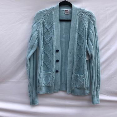 Virtual Garage Sale Shirt / Boyfriend Sweater Knitwear / Acrylic Granny Sweater / Baby blue Cable Knit Basic Oversized Cardi / Seventies 