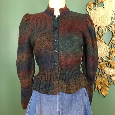 1970s sweater, vintage cardigan, peplum sweater, ombre brown and teal, j Jordan, 1940s style sweater, puff shoulders, 1970s cardigan, 36 38 