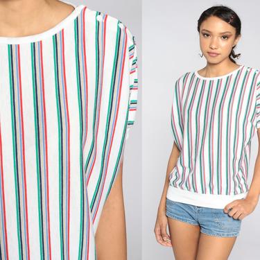 80s Striped Shirt White Top 1980s Striped Top Slouchy Blouse 80s Pullover Shirt Simple Casual Tshirt 1980s Red Green Blue Large L 