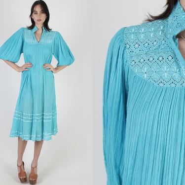 Aqua Poet Sleeve Gauze Dress / Vintage 80s Floral Embroidered Ethnic Dress / Eyelet Lace Cut out Bib / Crochet Teal Caftan Midi Mini Dress 