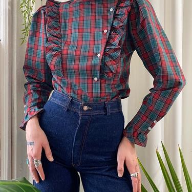 80s Plaid Ruffle Blouse