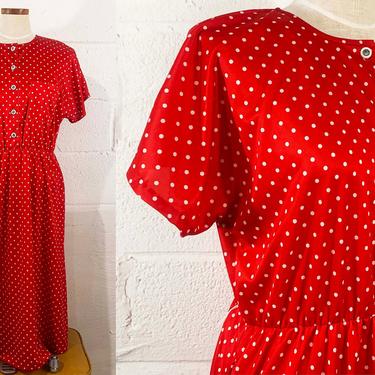 Vintage Red Dress Polka Dot White Print Short Sleeve 80s 90s Knee Length Sundress 1990s 1980s Blair 80s XXL XL 1X 2X 2XL 1XL 