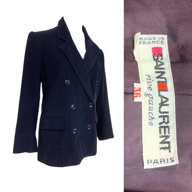 Vtg Vintage 1980s 80s YSL Yves Saint Laurent Navy Corduroy Double Breasted Coat 