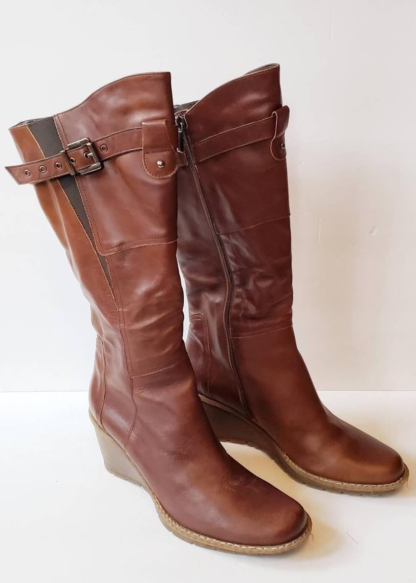 Vintage Brown Leather Knee Boots 70s Style Wedge Heel Aquatalia