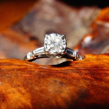 Vintage 14K White Gold Tapered Baguette Diamond Engagement Ring, .5 CT Brilliant Diamond, Cathedral Shank W/ Accent Diamonds, Size 8 1/4 US 