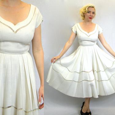 1950s Creme Linen Day Dress | 50s White Pleated Sweetheart Dress | Larry Aldrich | Extra Small 