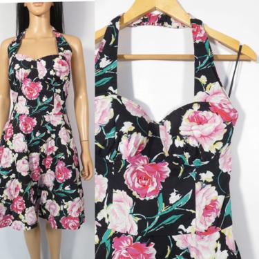 Vintage 80s Floral Cotton Rose Print Party Dress Halter Dress Size S 