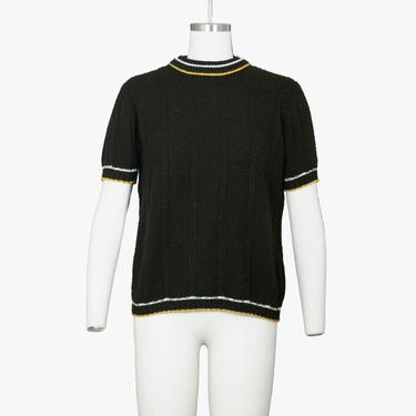 Vintage 1950s Striped Sweater - Mock Neck - Brown, Yellow & White Stripes - Short Sleeve - Medium Large - Ready To Wear 
