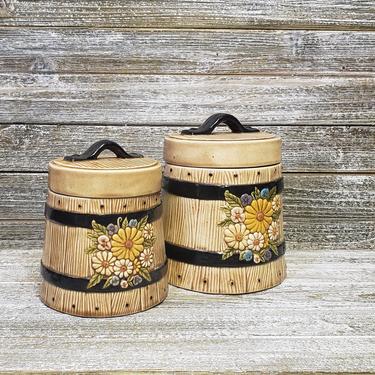 Set of 2 Milk Glass Canisters Flour and Sugar Wooden Lids Wheaton