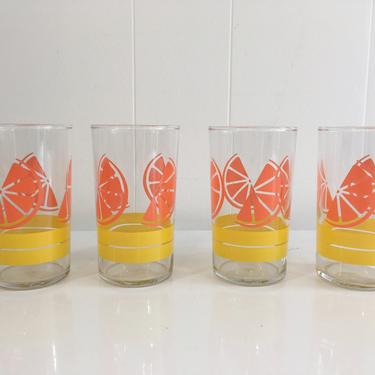 Vintage Libbey Orange Slice Mini Juice Glasses Set of Four (4) Glassware Tiny Small Glass White Yellow Stripes 1970s Barware Retro Bar 